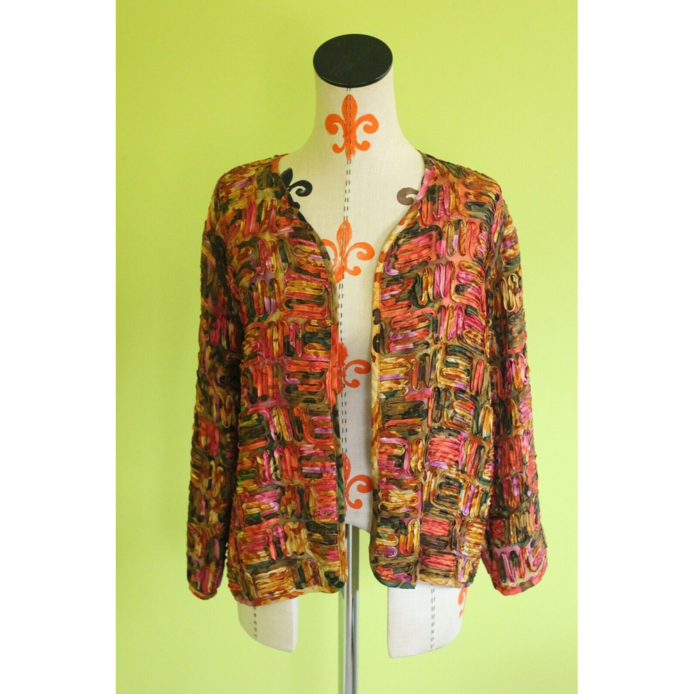 Chico's 100% Silk Open Front Jacket Multicolor Semi Sheer